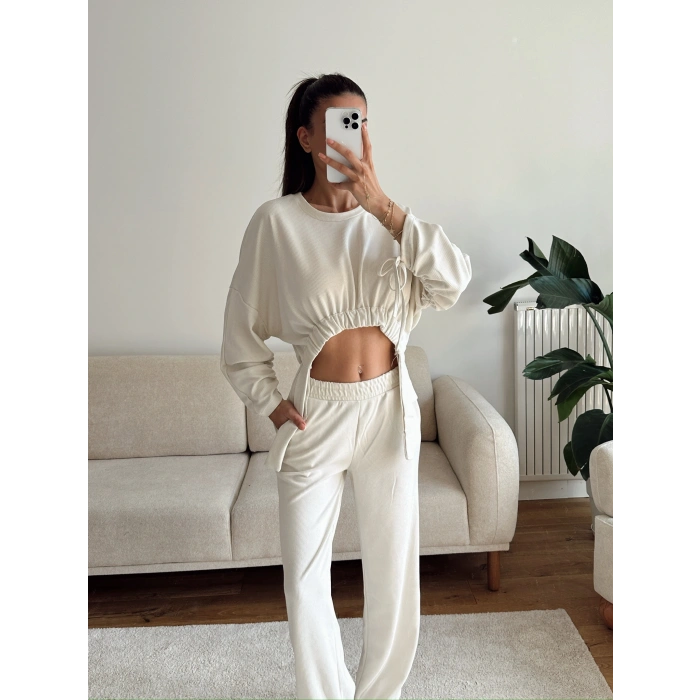 Körüklü Crop & Pantolon Takım - BEJ