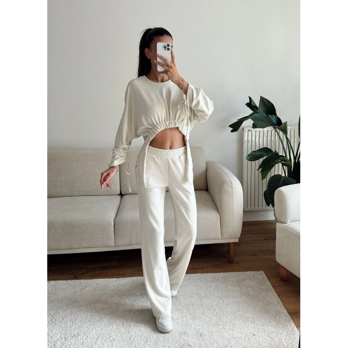 Körüklü Crop & Pantolon Takım - BEJ