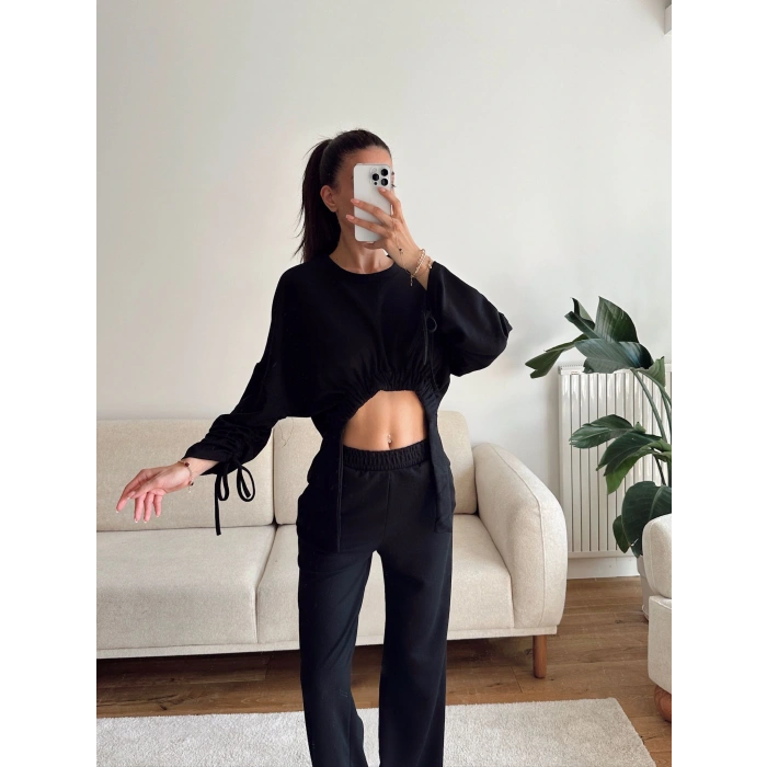 Körüklü Crop & Pantolon Takım - SİYAH