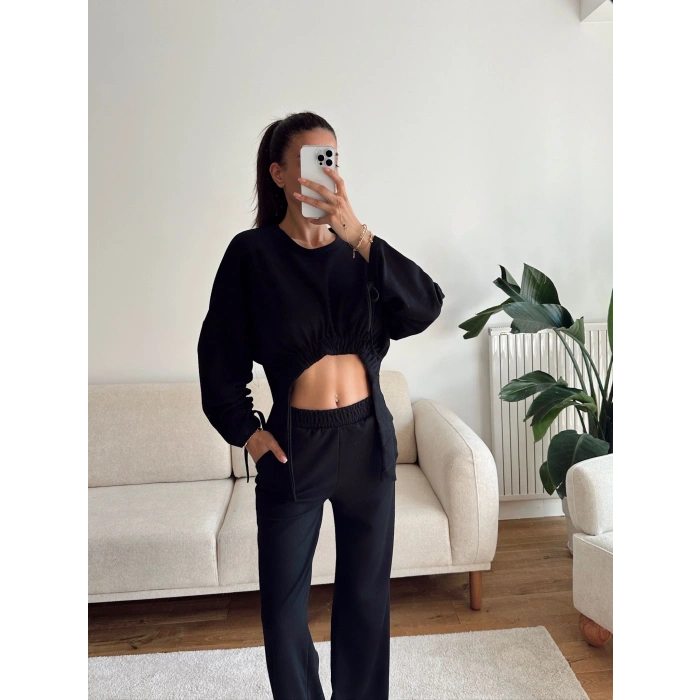 Körüklü Crop & Pantolon Takım - SİYAH