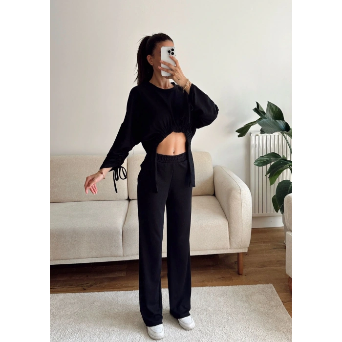 Körüklü Crop & Pantolon Takım - SİYAH