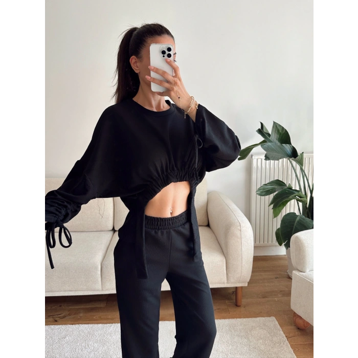 Körüklü Crop & Pantolon Takım - SİYAH