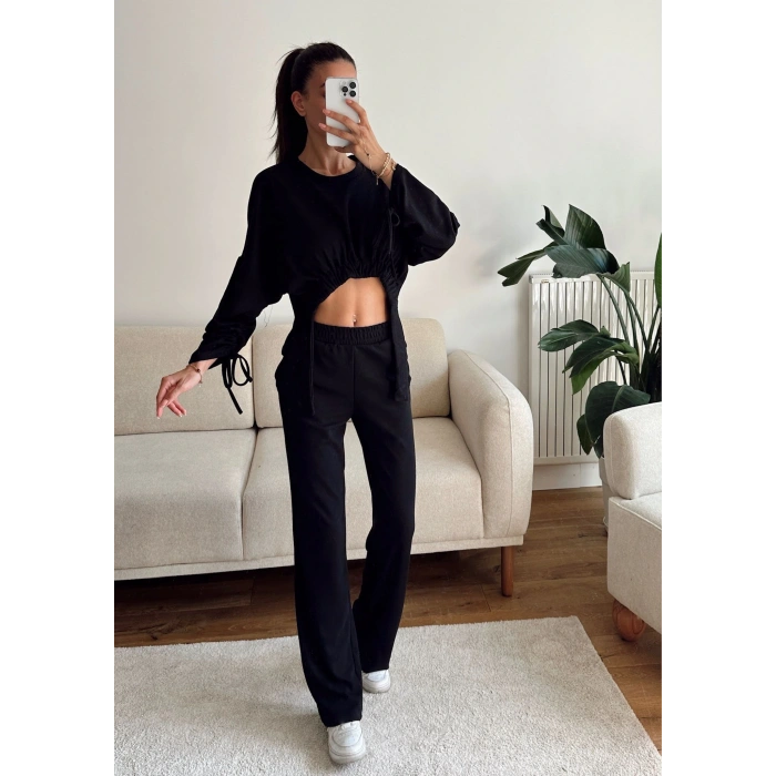Körüklü Crop & Pantolon Takım - SİYAH