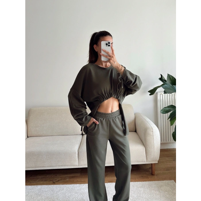 Körüklü Crop & Pantolon Takım - YEŞİL