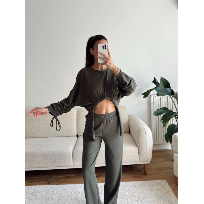 Körüklü Crop & Pantolon Takım - YEŞİL