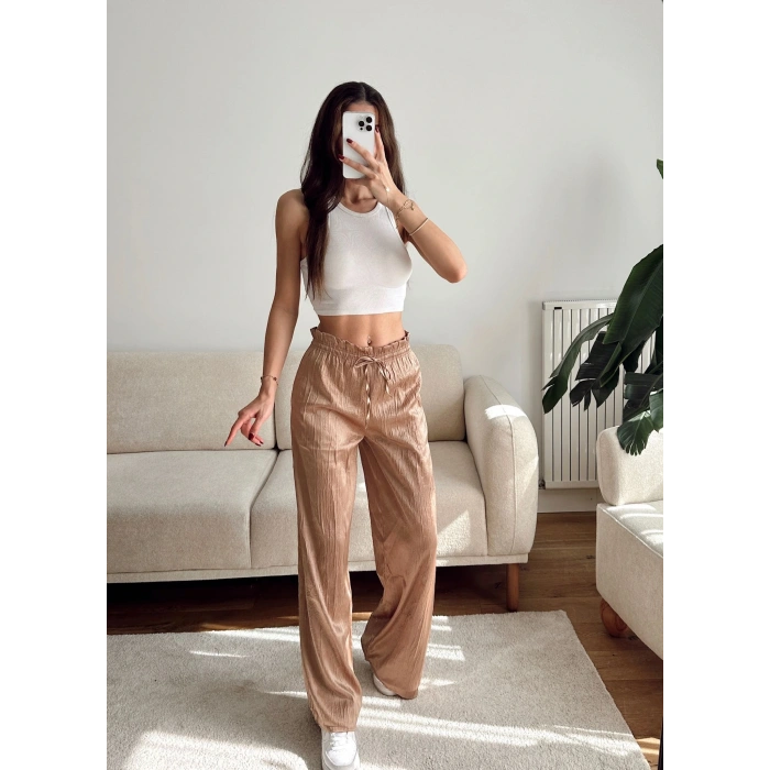 Kraşlı Bol Paça Pantolon - BEJ