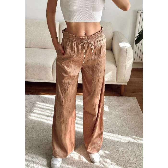 Kraşlı Bol Paça Pantolon - BEJ