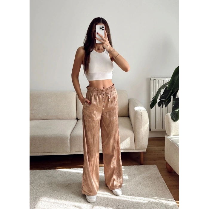 Kraşlı Bol Paça Pantolon - BEJ