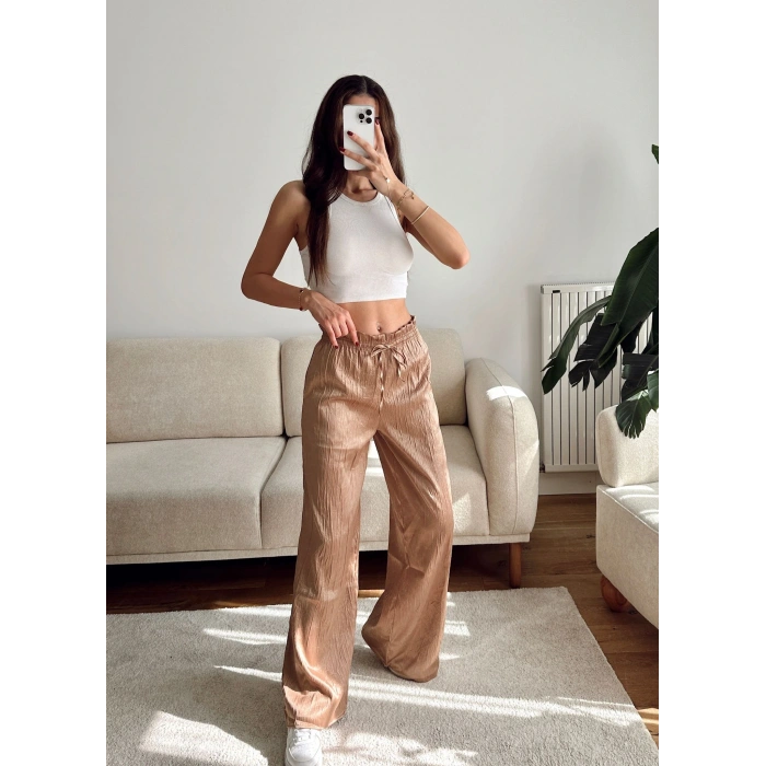 Kraşlı Bol Paça Pantolon - BEJ