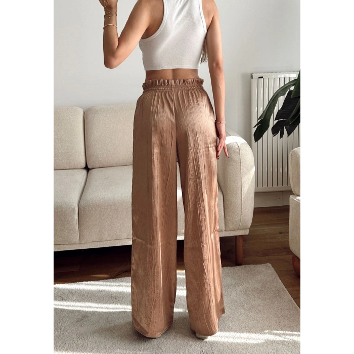 Kraşlı Bol Paça Pantolon - BEJ