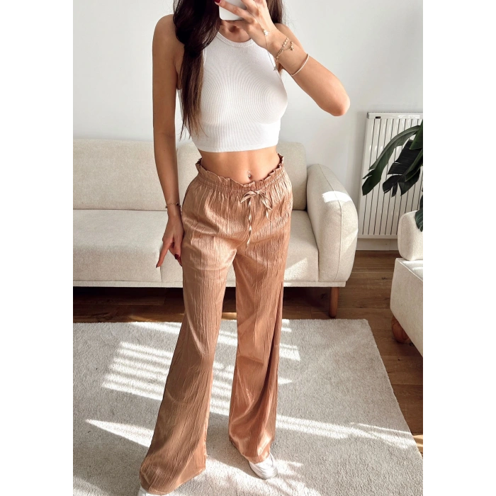 Kraşlı Bol Paça Pantolon - BEJ