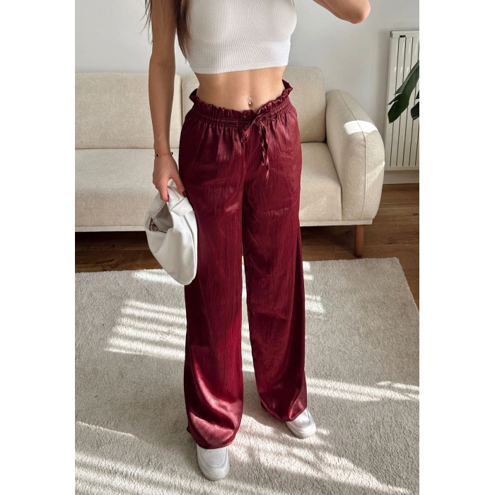 Kraşlı Bol Paça Pantolon - BORDO