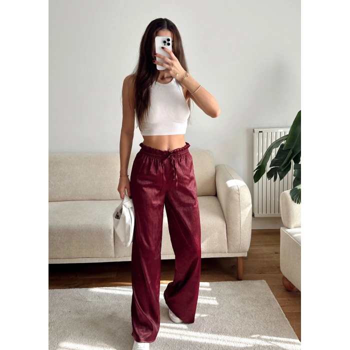 Kraşlı Bol Paça Pantolon - BORDO