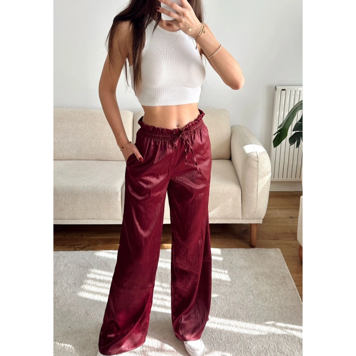 Kraşlı Bol Paça Pantolon - BORDO