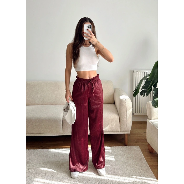 Kraşlı Bol Paça Pantolon - BORDO