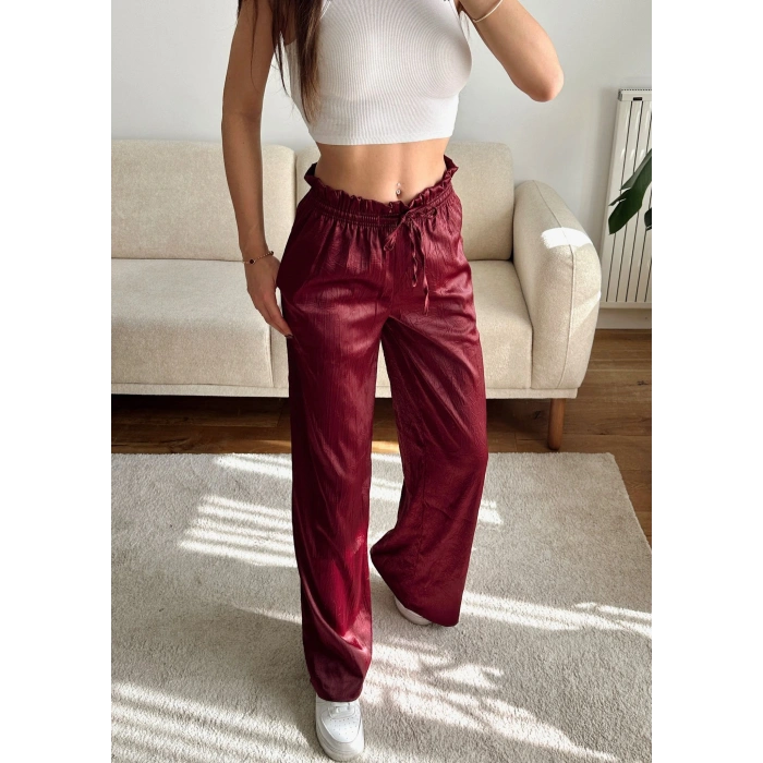 Kraşlı Bol Paça Pantolon - BORDO