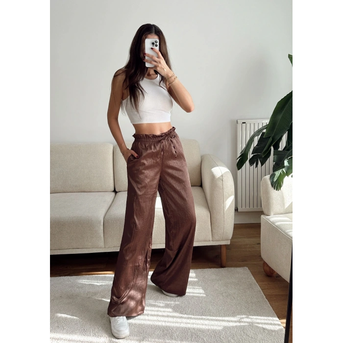 Kraşlı Bol Paça Pantolon - KAHVE