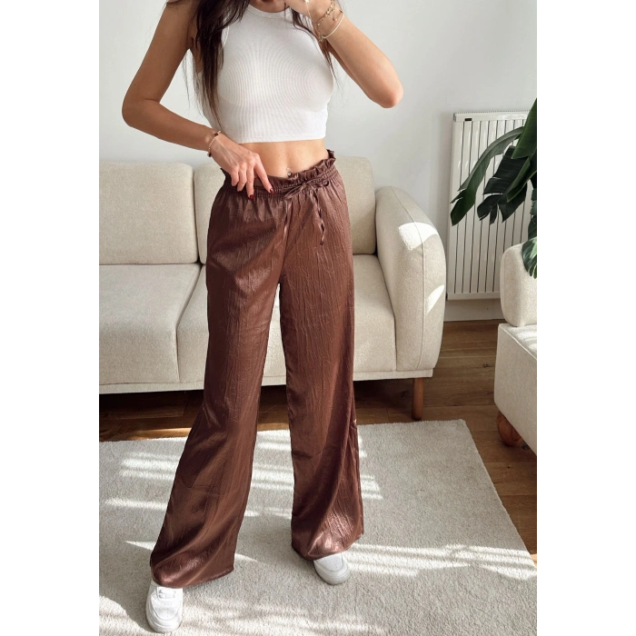 Kraşlı Bol Paça Pantolon - KAHVE