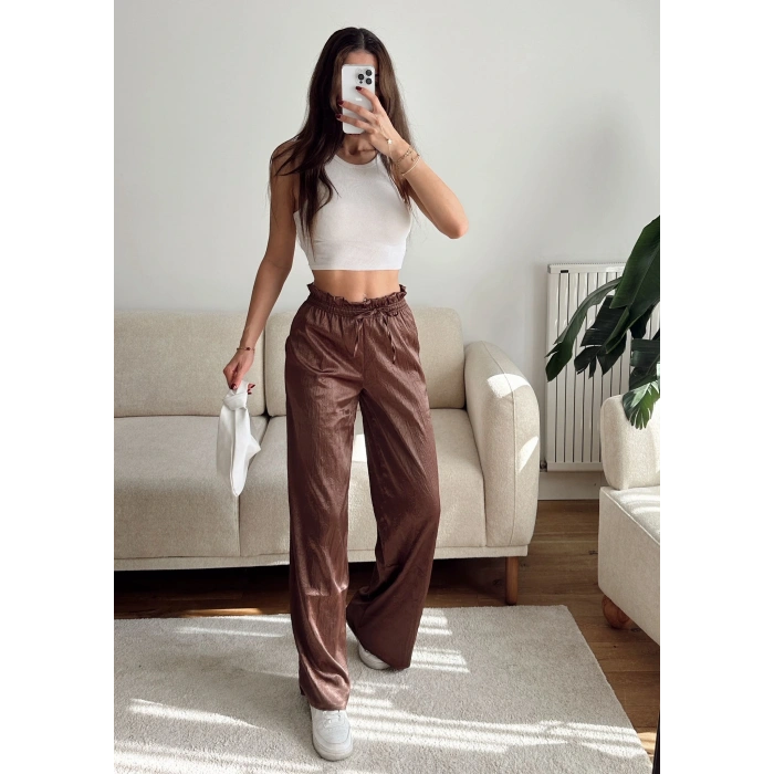Kraşlı Bol Paça Pantolon - KAHVE