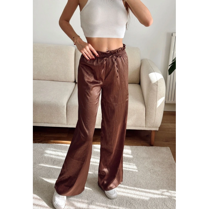 Kraşlı Bol Paça Pantolon - KAHVE