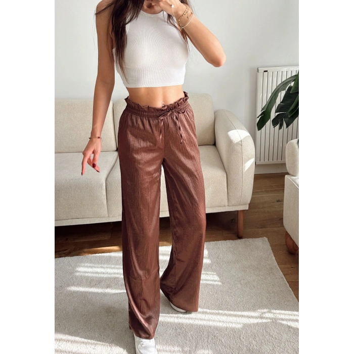 Kraşlı Bol Paça Pantolon - KAHVE