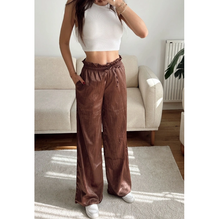 Kraşlı Bol Paça Pantolon - KAHVE