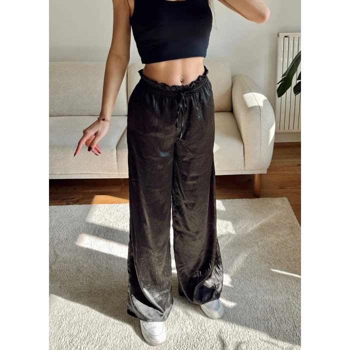 Kraşlı Bol Paça Pantolon - SİYAH