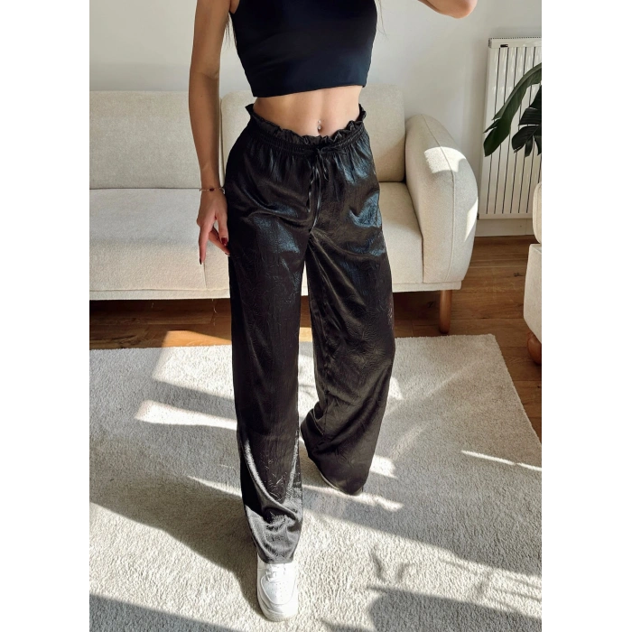 Kraşlı Bol Paça Pantolon - SİYAH