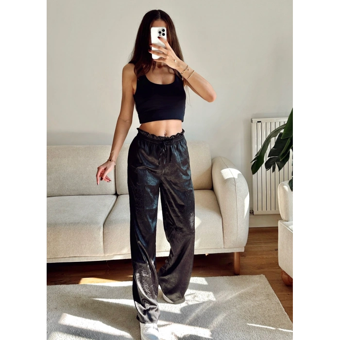 Kraşlı Bol Paça Pantolon - SİYAH