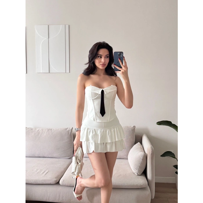 Kravat Detay Straplez Mini Elbise - BEYAZ