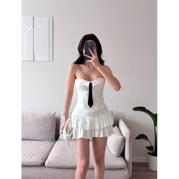 Kravat Detay Straplez Mini Elbise - BEYAZ