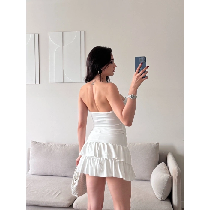 Kravat Detay Straplez Mini Elbise - BEYAZ