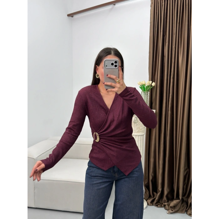 Kruvaze Aksesuarlı Taşlı Bluz - BORDO