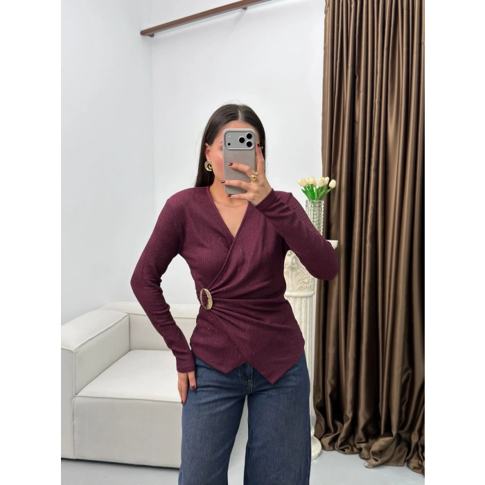 Kruvaze Aksesuarlı Taşlı Bluz - BORDO