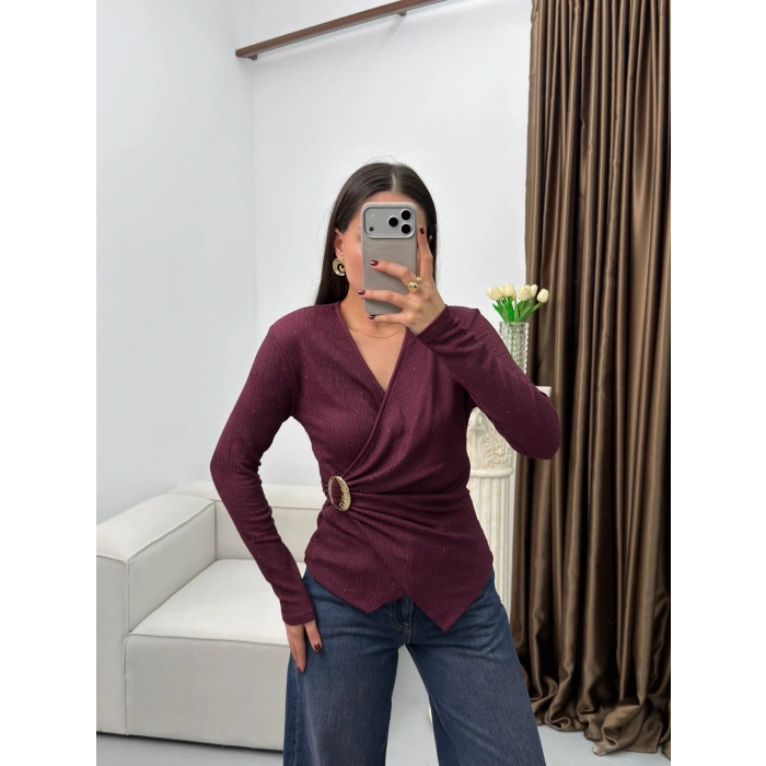 Kruvaze Aksesuarlı Taşlı Bluz - BORDO