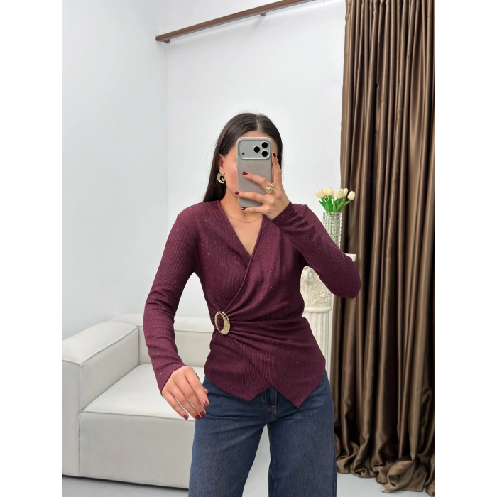 Kruvaze Aksesuarlı Taşlı Bluz - BORDO