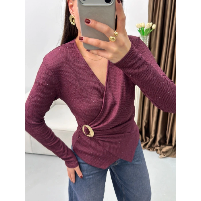 Kruvaze Aksesuarlı Taşlı Bluz - BORDO