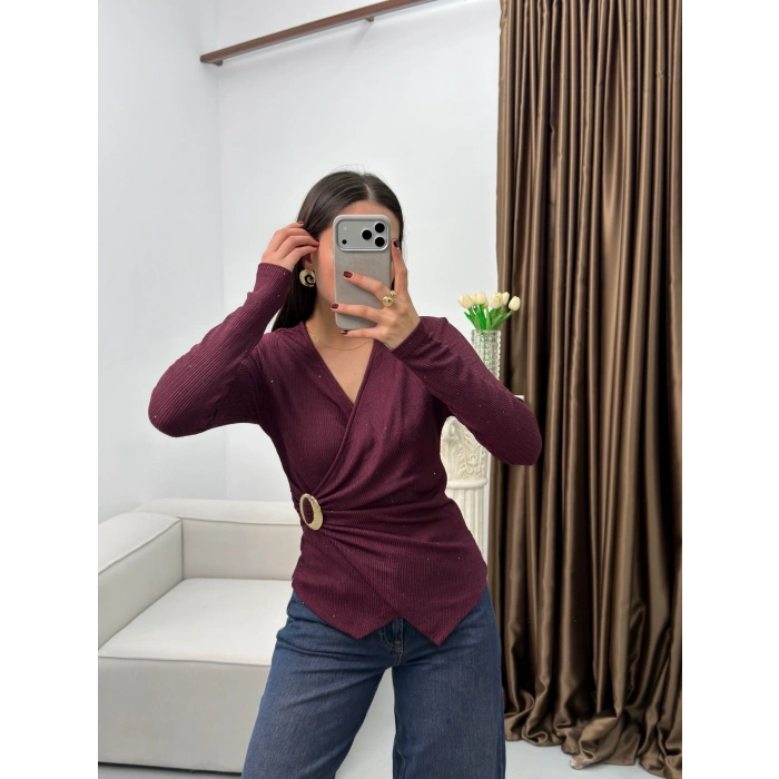 Kruvaze Aksesuarlı Taşlı Bluz - BORDO