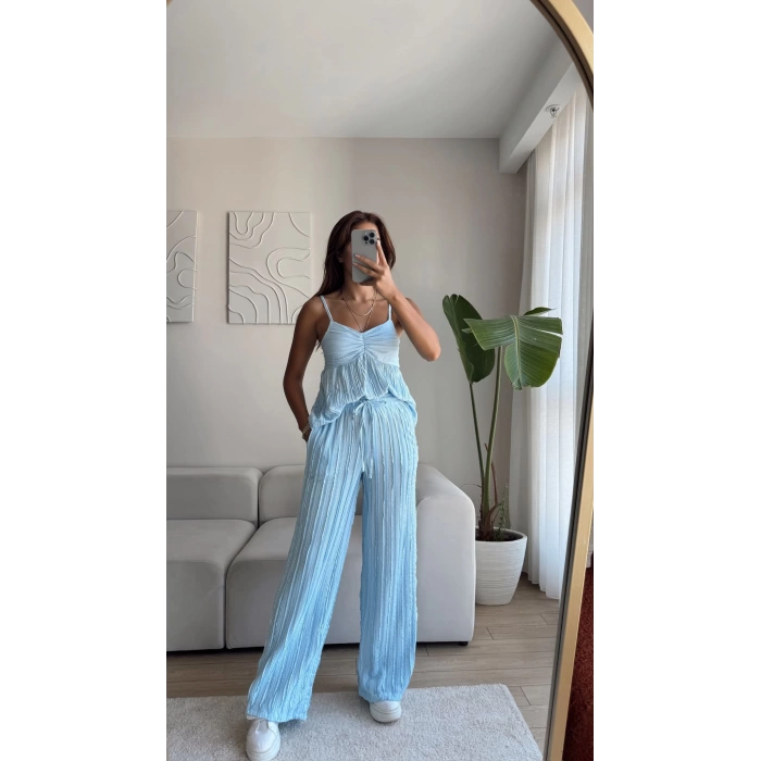 Kruvaze Askılı Bluz & Pantolon Takım - MAVİ