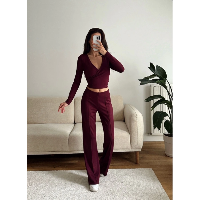 Kruvaze Bağlamalı Crop & Pantolon Takım - BORDO