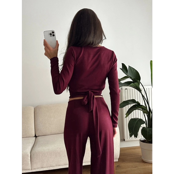 Kruvaze Bağlamalı Crop & Pantolon Takım - BORDO