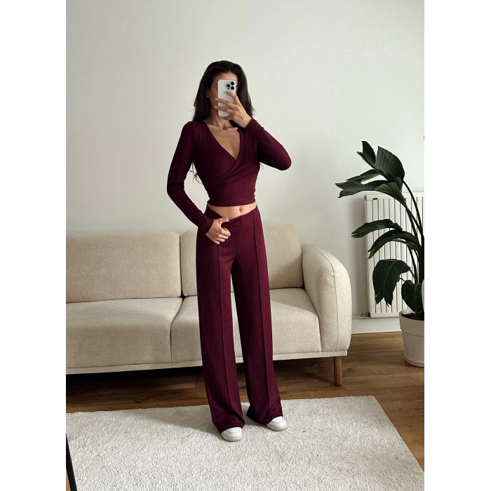 Kruvaze Bağlamalı Crop & Pantolon Takım - BORDO