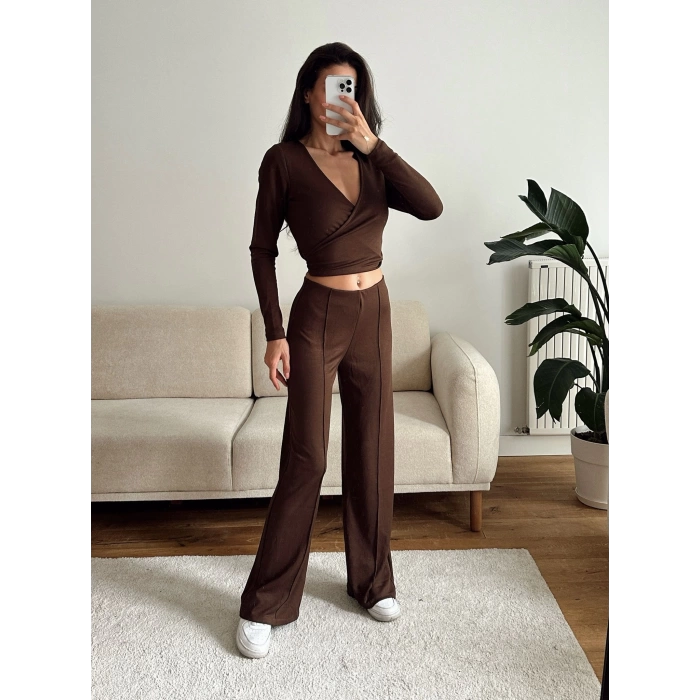 Kruvaze Bağlamalı Crop & Pantolon Takım - KAHVE