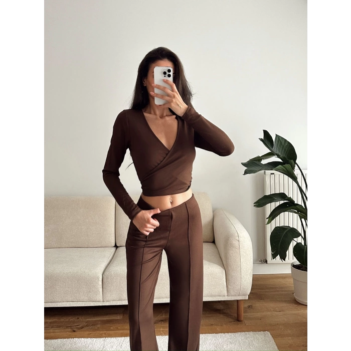 Kruvaze Bağlamalı Crop & Pantolon Takım - KAHVE