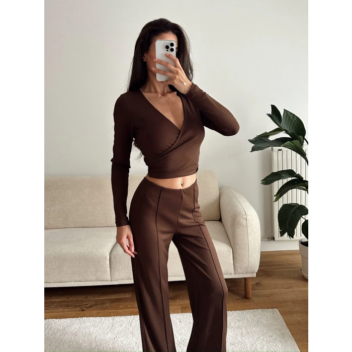 Kruvaze Bağlamalı Crop & Pantolon Takım - KAHVE