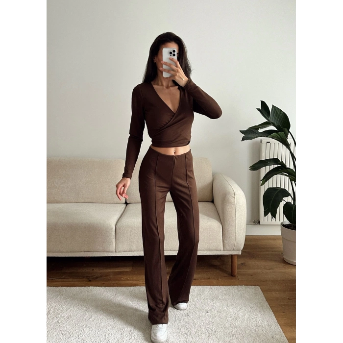 Kruvaze Bağlamalı Crop & Pantolon Takım - KAHVE