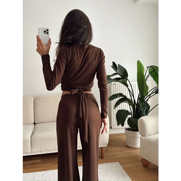 Kruvaze Bağlamalı Crop & Pantolon Takım - KAHVE