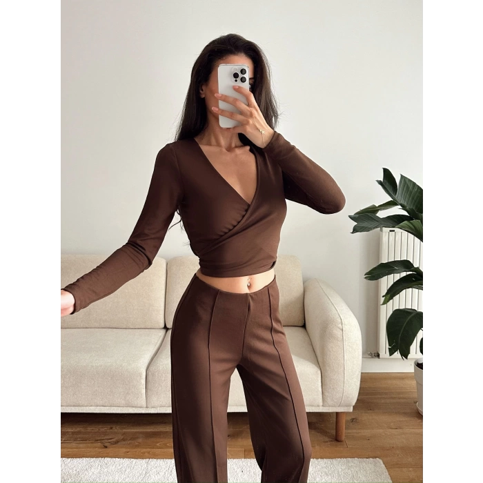 Kruvaze Bağlamalı Crop & Pantolon Takım - KAHVE
