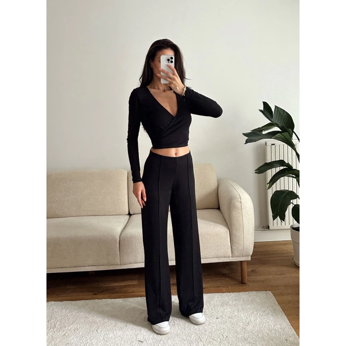 Kruvaze Bağlamalı Crop & Pantolon Takım - SİYAH