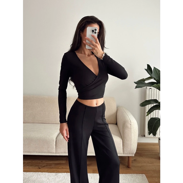 Kruvaze Bağlamalı Crop & Pantolon Takım - SİYAH